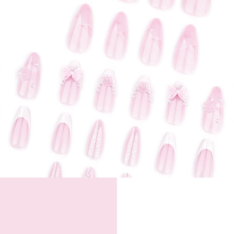 ASABITE 24 Pcs White French Tip Press on Nails Almond Medium Fake Nails with Glue Cute Pink False Nails with 3D Flower Bow Design Handmade Nails Glossy Holiday Glue on Nails Reusable Stick on Nails for Women - Image 2